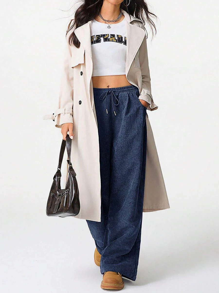 High Waisted Wide Leg Drawstring Elasticity Pockets Solid Color Pants Trousers - Image 16