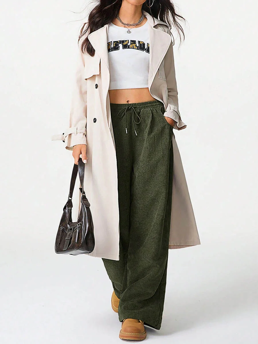High Waisted Wide Leg Drawstring Elasticity Pockets Solid Color Pants Trousers - Image 17