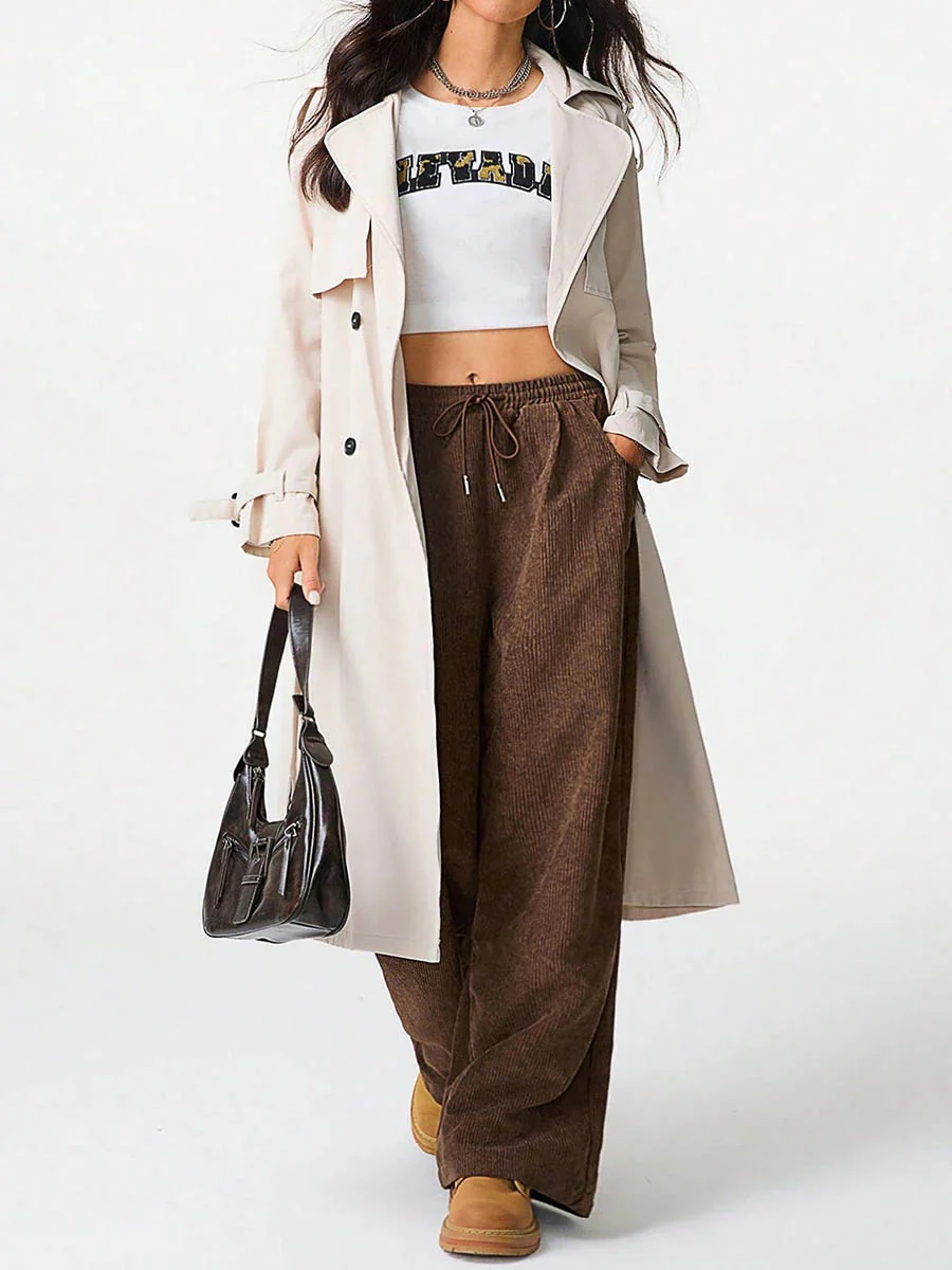 High Waisted Wide Leg Drawstring Elasticity Pockets Solid Color Pants Trousers - Image 18