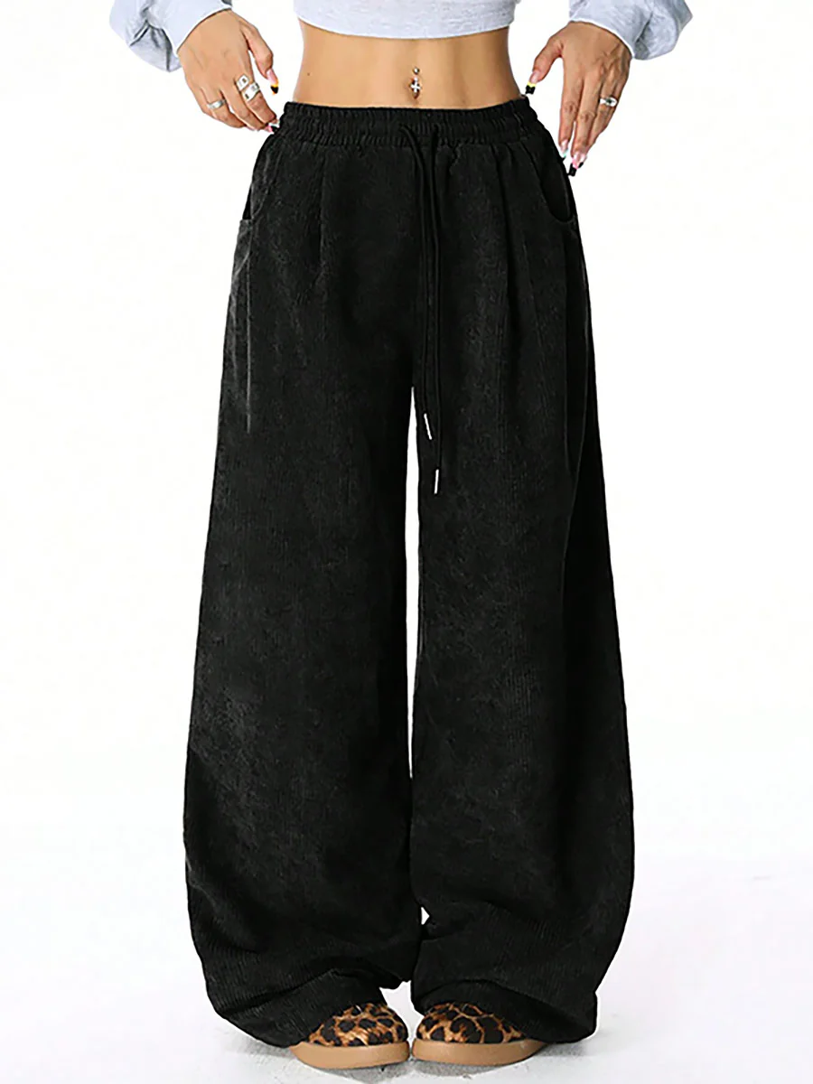 High Waisted Wide Leg Drawstring Elasticity Pockets Solid Color Pants Trousers - Image 2