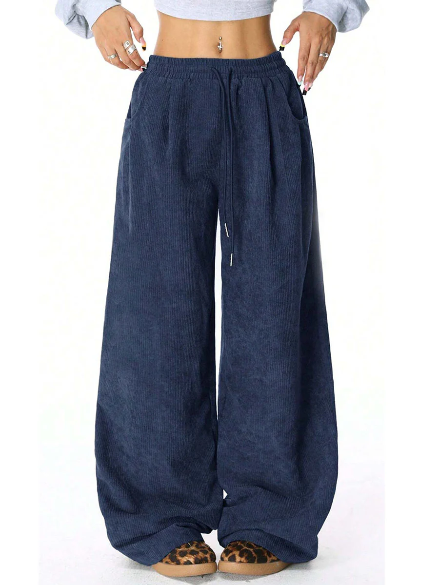 High Waisted Wide Leg Drawstring Elasticity Pockets Solid Color Pants Trousers - Image 3