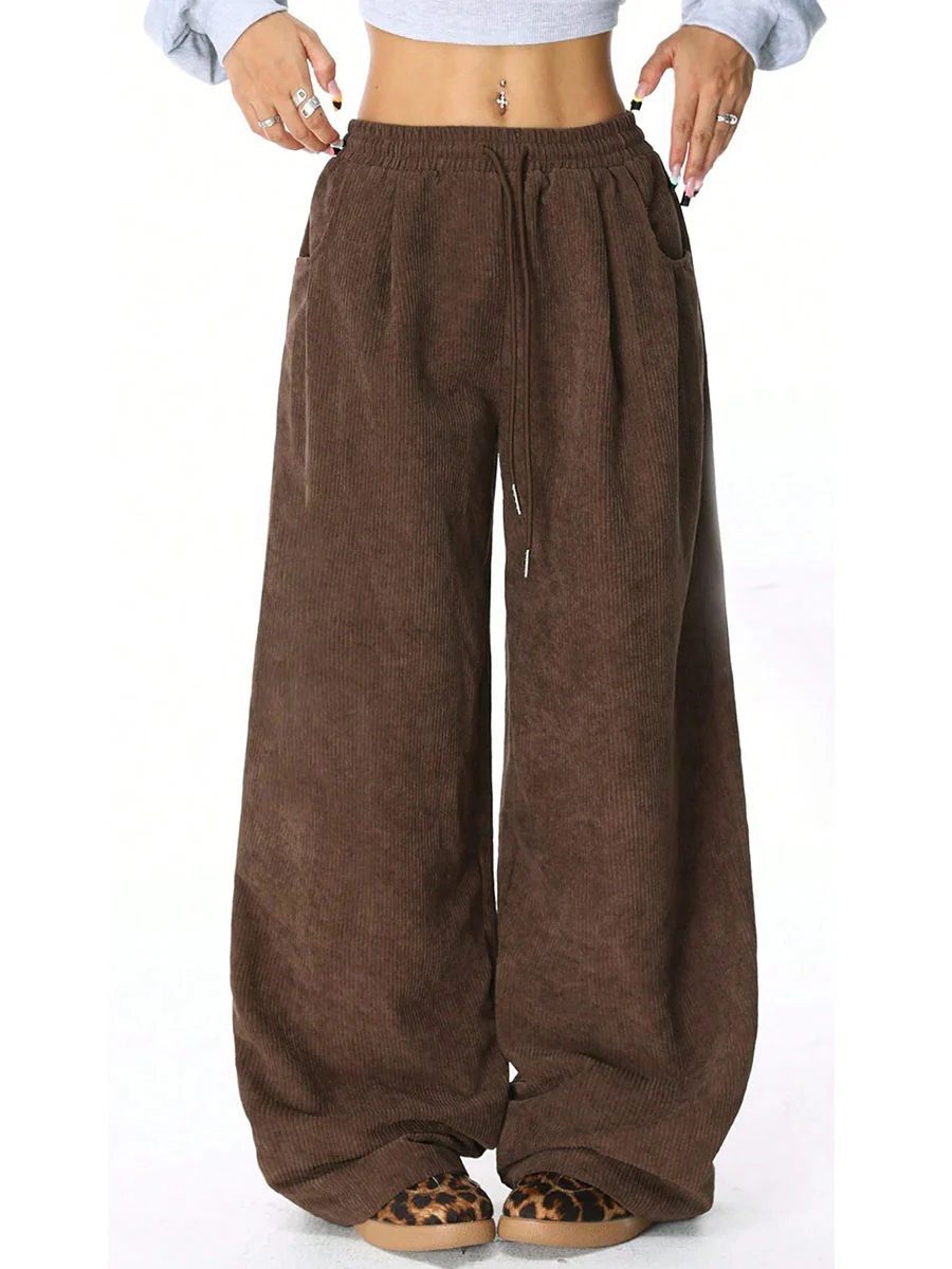 High Waisted Wide Leg Drawstring Elasticity Pockets Solid Color Pants Trousers - Image 4