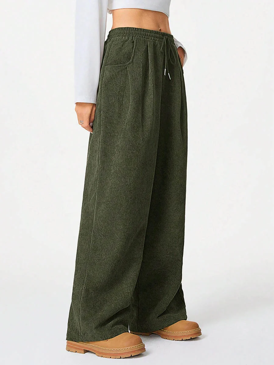 High Waisted Wide Leg Drawstring Elasticity Pockets Solid Color Pants Trousers - Image 5
