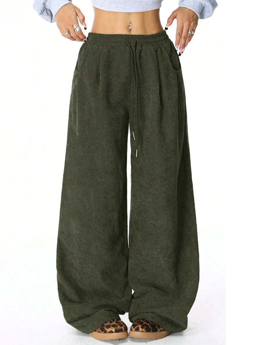 High Waisted Wide Leg Drawstring Elasticity Pockets Solid Color Pants Trousers - Image 6