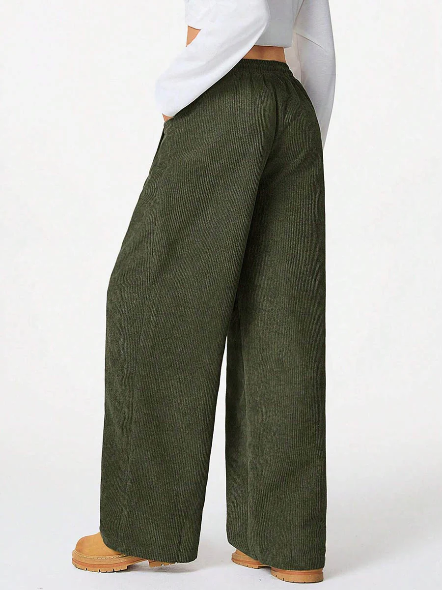 High Waisted Wide Leg Drawstring Elasticity Pockets Solid Color Pants Trousers - Image 7
