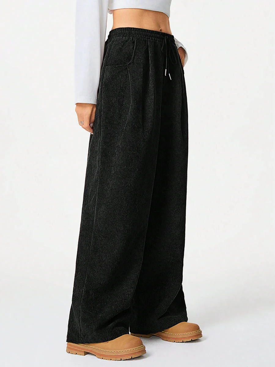 High Waisted Wide Leg Drawstring Elasticity Pockets Solid Color Pants Trousers - Image 8