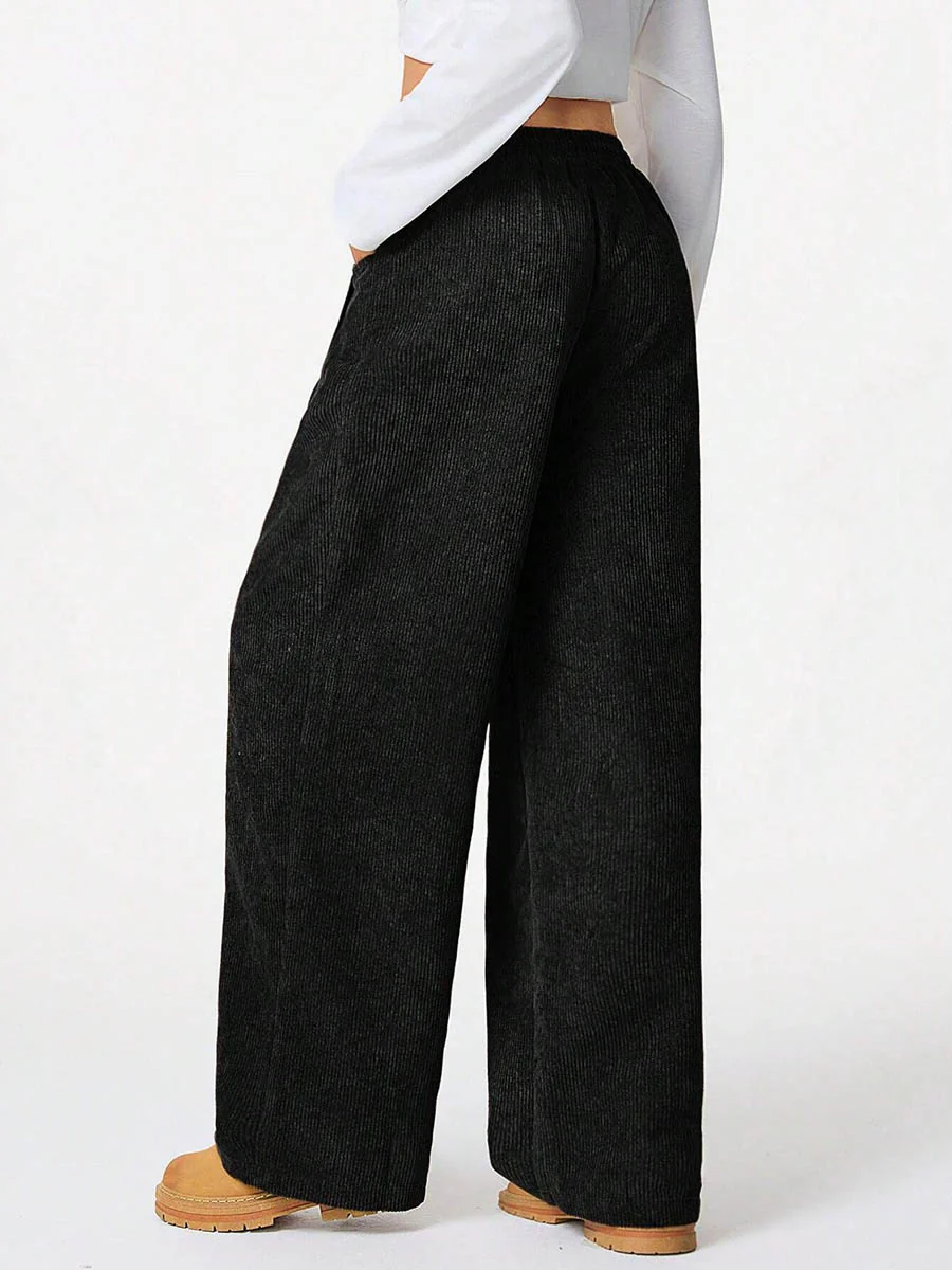 High Waisted Wide Leg Drawstring Elasticity Pockets Solid Color Pants Trousers - Image 9