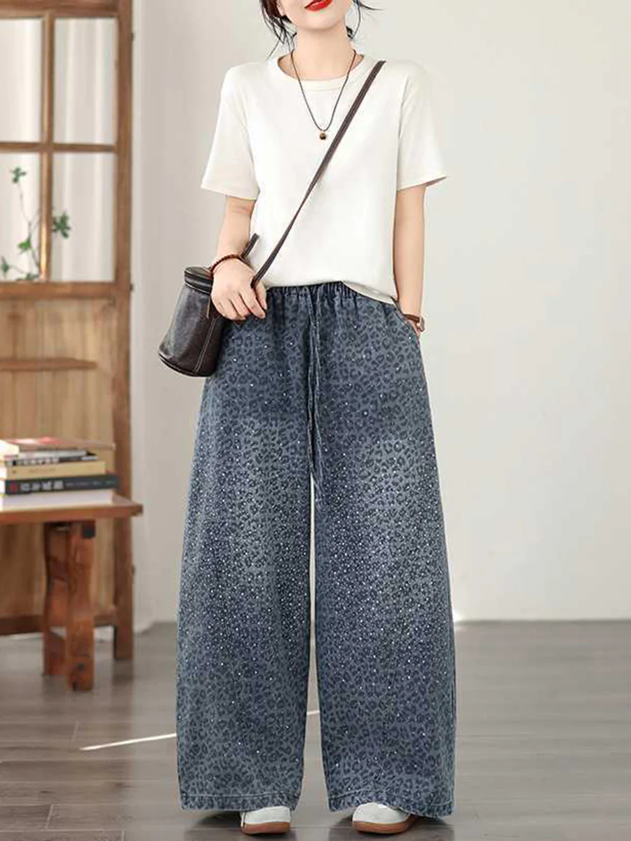 High Waisted Wide Leg Elasticity Leopard Pockets Rhinestone Shiny Solid Color Tied Waist Jean Pants Bottoms - Image 2