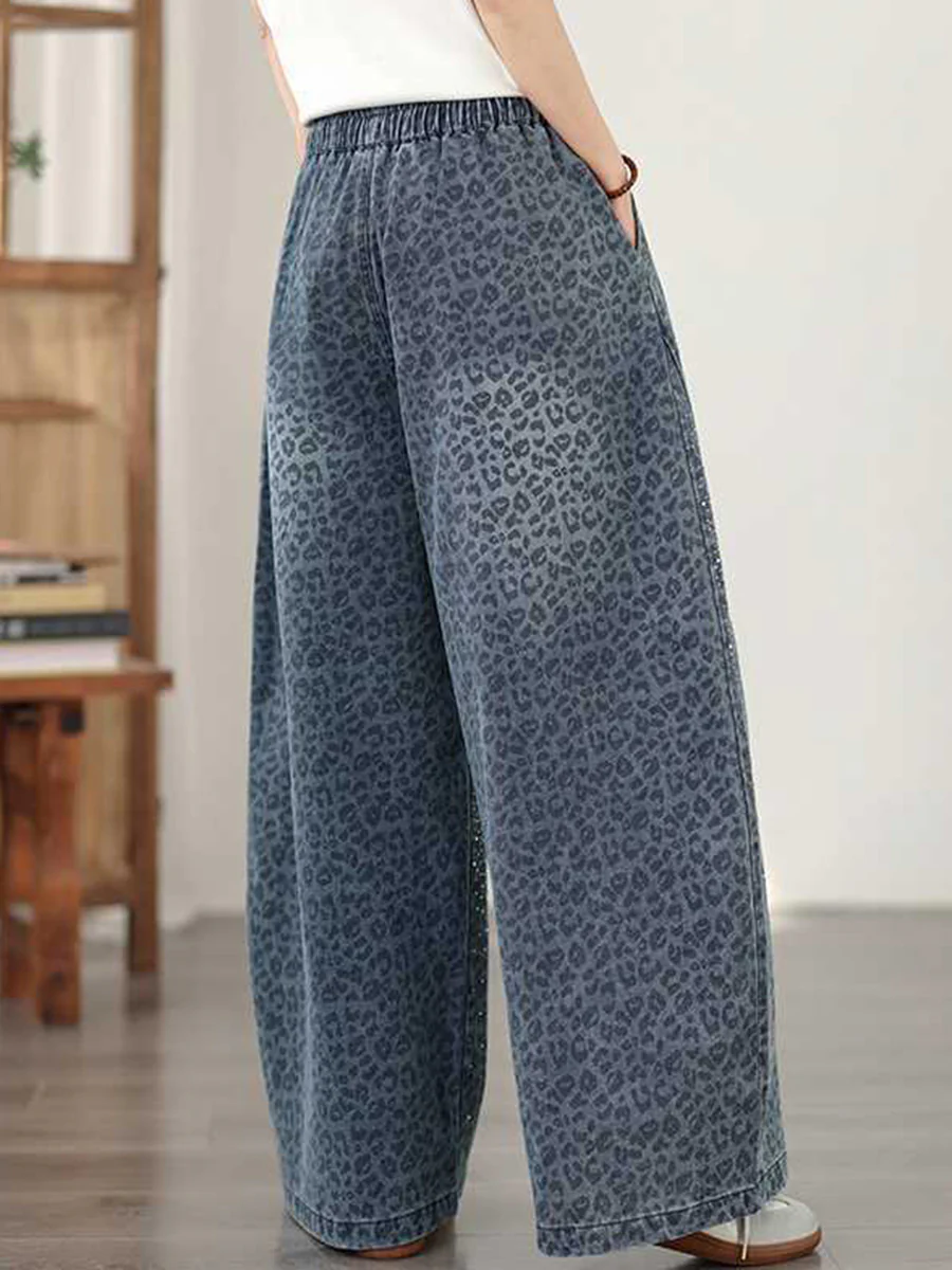 High Waisted Wide Leg Elasticity Leopard Pockets Rhinestone Shiny Solid Color Tied Waist Jean Pants Bottoms - Image 3