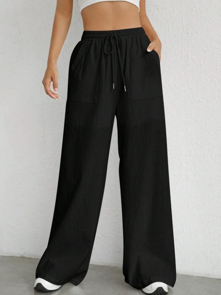 High Waisted Wide Leg Elasticity Pleated Pockets Solid Color Tied Waist Pants Trousers - Image 2