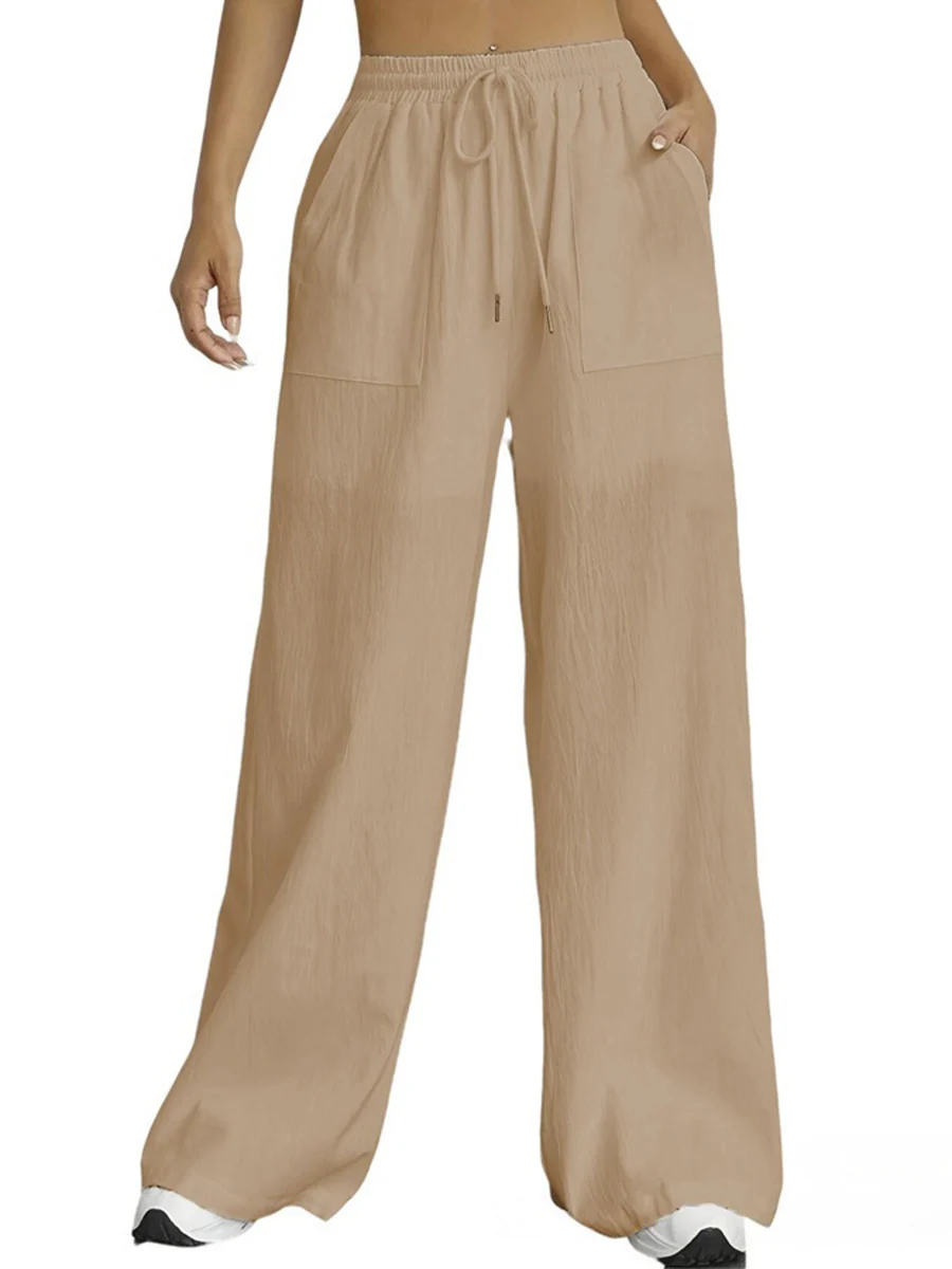 High Waisted Wide Leg Elasticity Pleated Pockets Solid Color Tied Waist Pants Trousers - Image 3