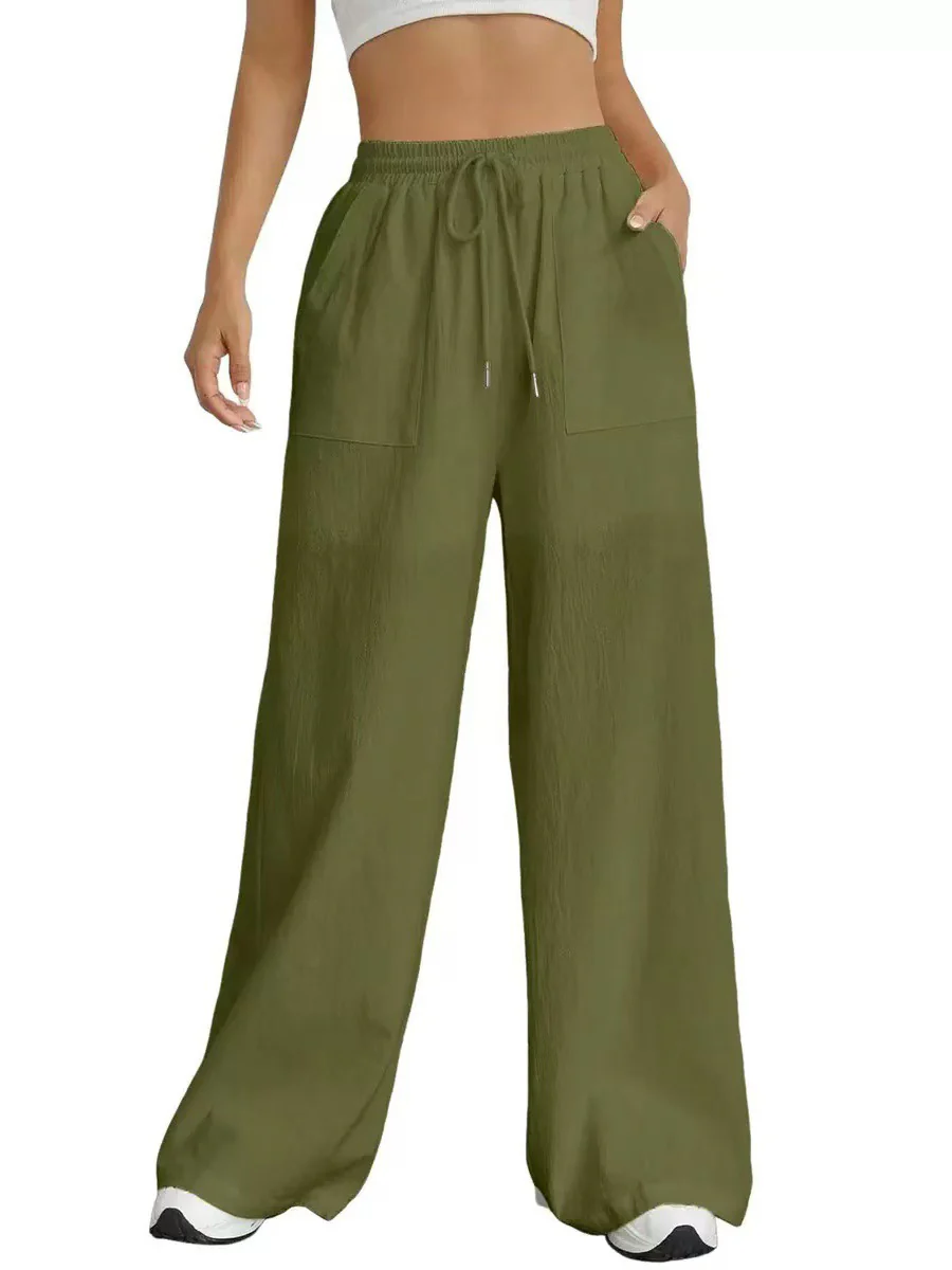 High Waisted Wide Leg Elasticity Pleated Pockets Solid Color Tied Waist Pants Trousers - Image 4