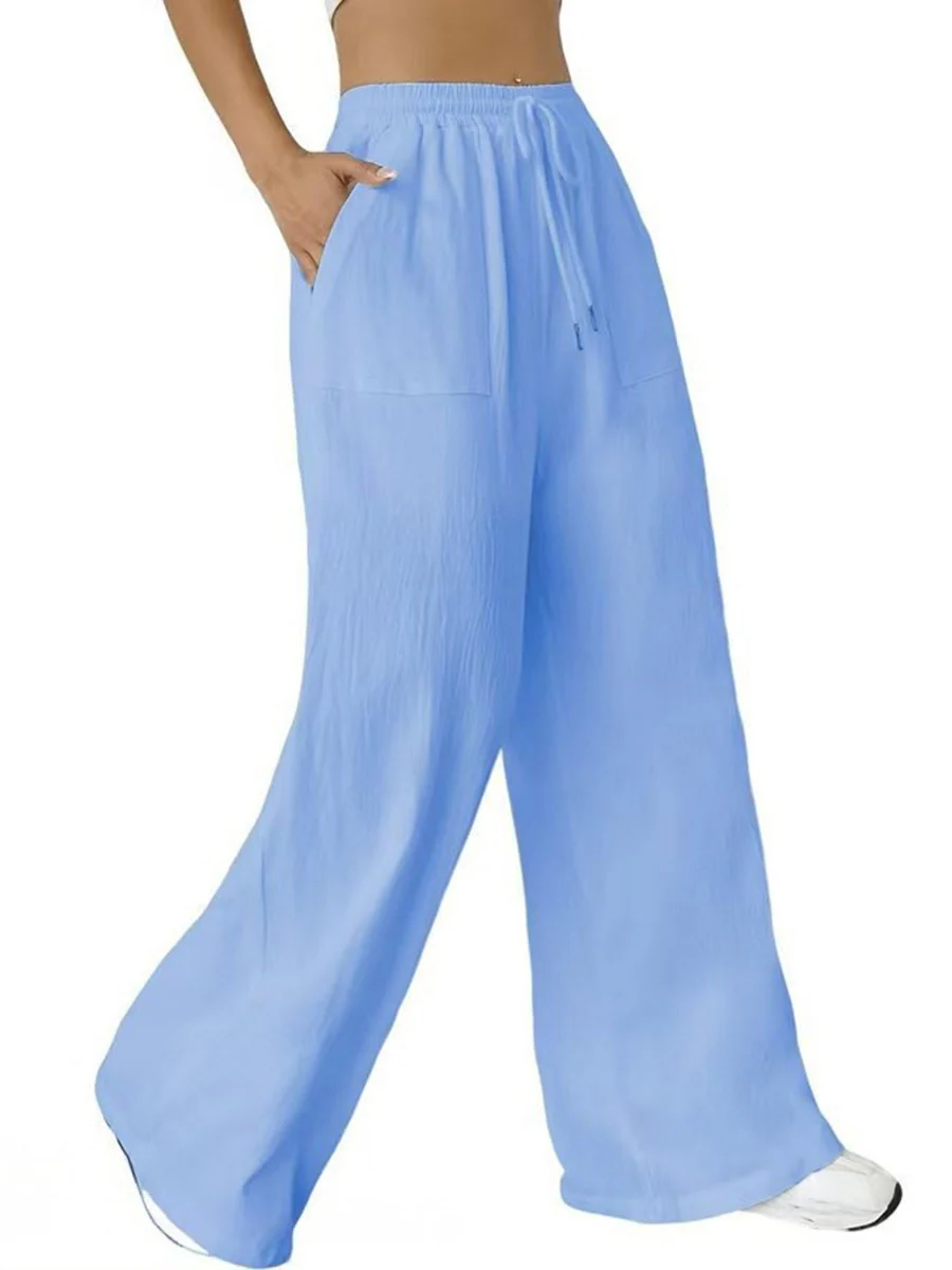 High Waisted Wide Leg Elasticity Pleated Pockets Solid Color Tied Waist Pants Trousers - Image 5