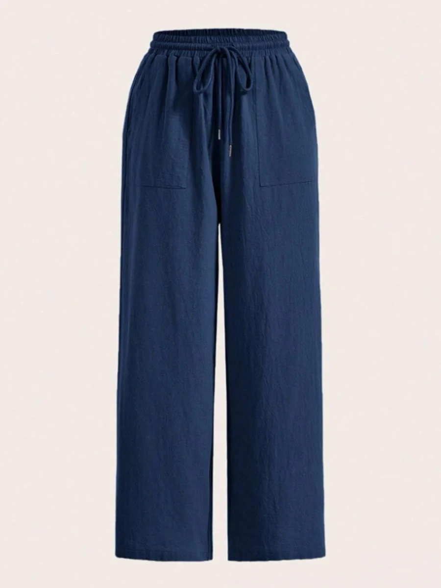 High Waisted Wide Leg Elasticity Pleated Pockets Solid Color Tied Waist Pants Trousers - Image 6
