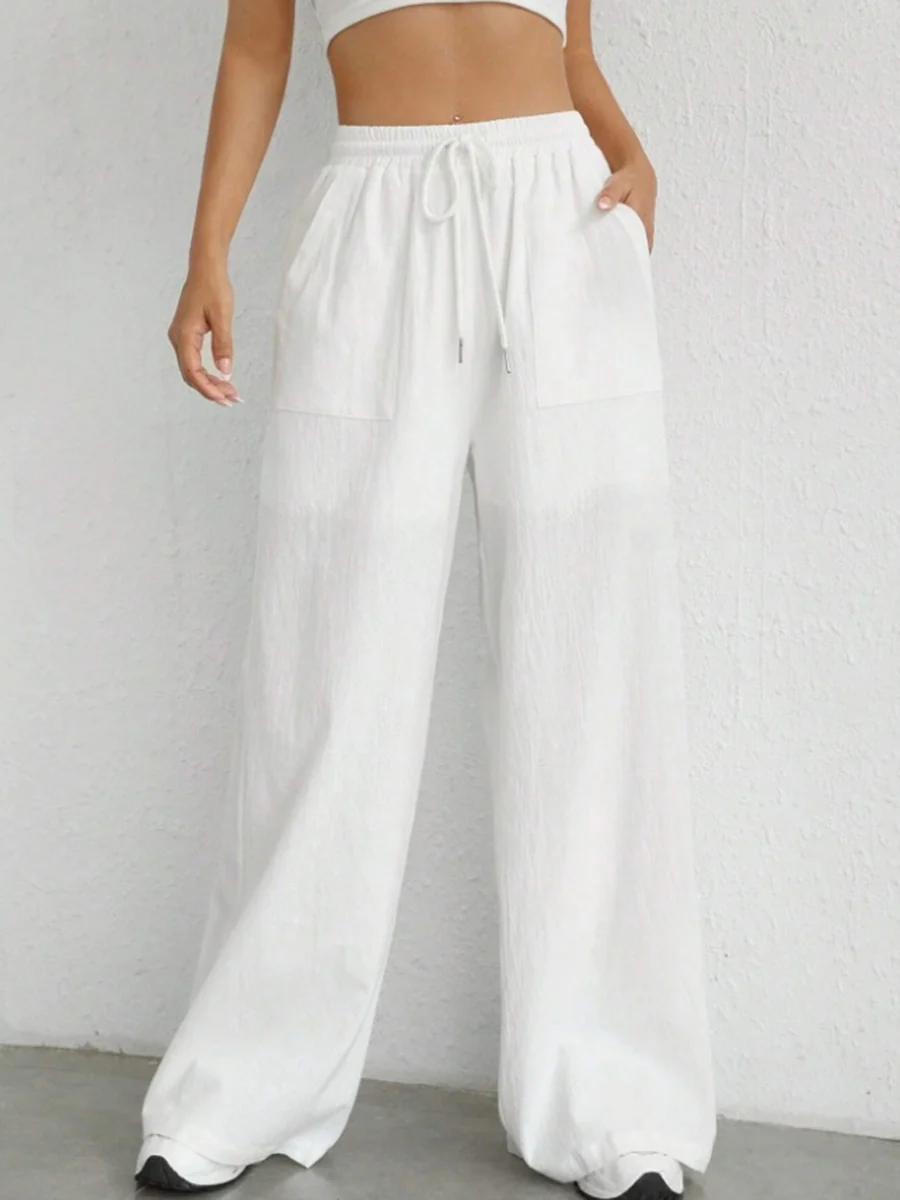 High Waisted Wide Leg Elasticity Pleated Pockets Solid Color Tied Waist Pants Trousers - Image 7