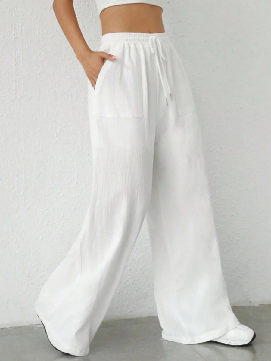 High Waisted Wide Leg Elasticity Pleated Pockets Solid Color Tied Waist Pants Trousers - Image 8