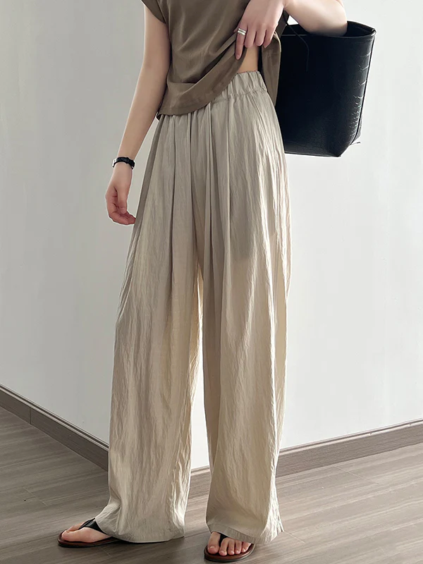 High Waisted Wide Leg Elasticity Pleated Solid Color Casual Pants Bottoms Trousers - Image 2