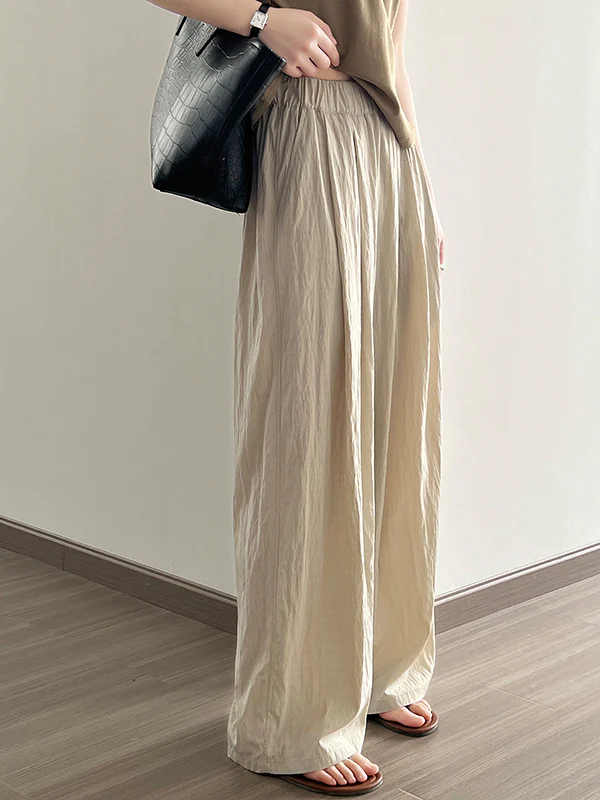 High Waisted Wide Leg Elasticity Pleated Solid Color Casual Pants Bottoms Trousers - Image 3