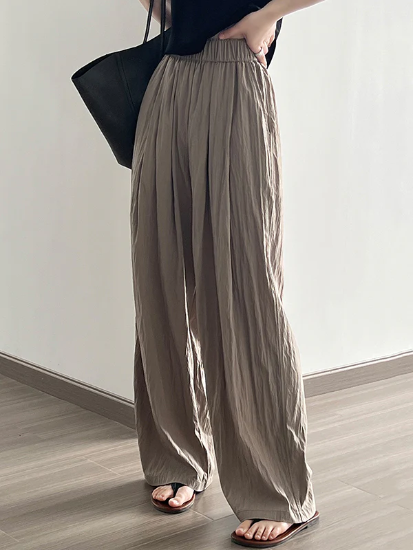 High Waisted Wide Leg Elasticity Pleated Solid Color Casual Pants Bottoms Trousers - Image 6