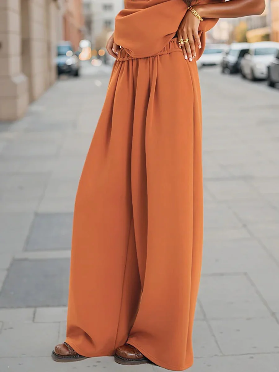High Waisted Wide Leg Elasticity Pleated Pockets Solid Color Pants Trousers - Image 3