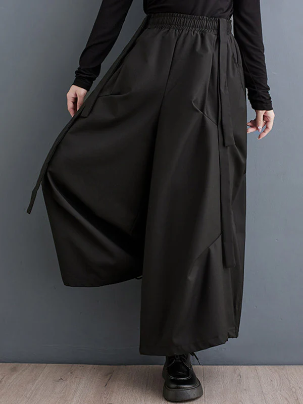 High Waisted Wide Leg Elasticity Pleated Solid Color Split-Joint Streamer Pants - Image 2