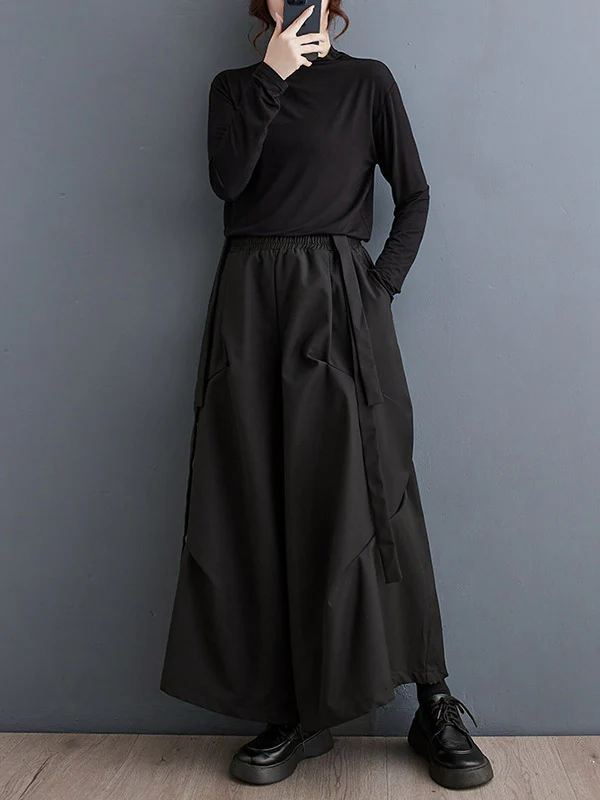 High Waisted Wide Leg Elasticity Pleated Solid Color Split-Joint Streamer Pants - Image 4