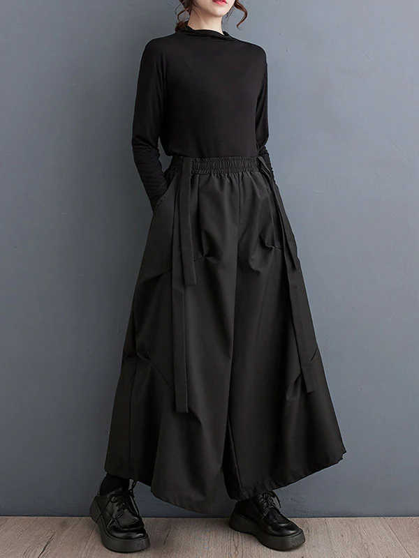 High Waisted Wide Leg Elasticity Pleated Solid Color Split-Joint Streamer Pants - Image 5