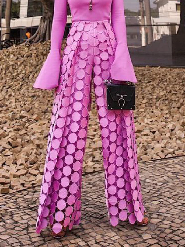 High Waisted Wide Leg Hollow Polka Dot Solid Color Pants Trousers - Image 2