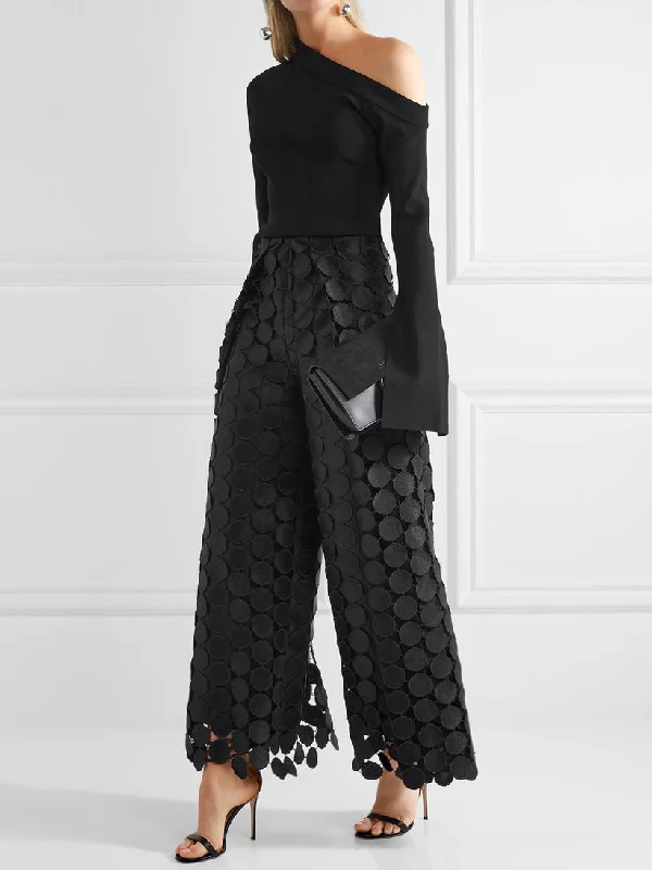 High Waisted Wide Leg Hollow Polka Dot Solid Color Pants Trousers - Image 5