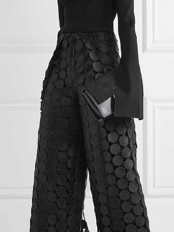 High Waisted Wide Leg Hollow Polka Dot Solid Color Pants Trousers - Image 6