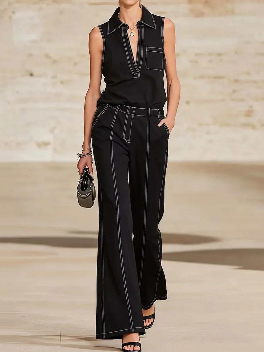 High Waisted Wide Leg Line Pockets Solid Color Pants Trousers - Image 2