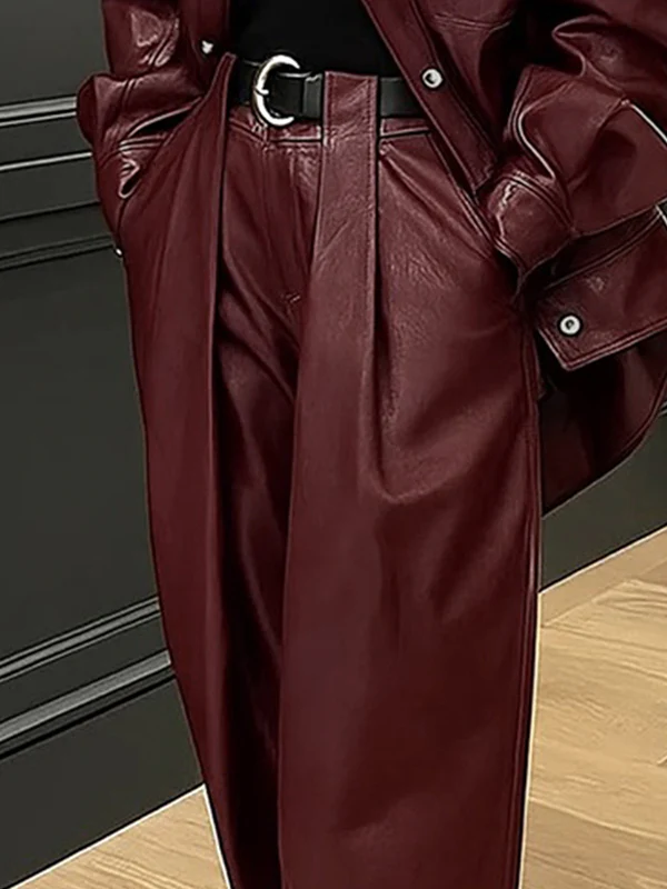 High Waisted Wide Leg No Belt Pleated Pockets Solid Color Pants Trousers - Image 3