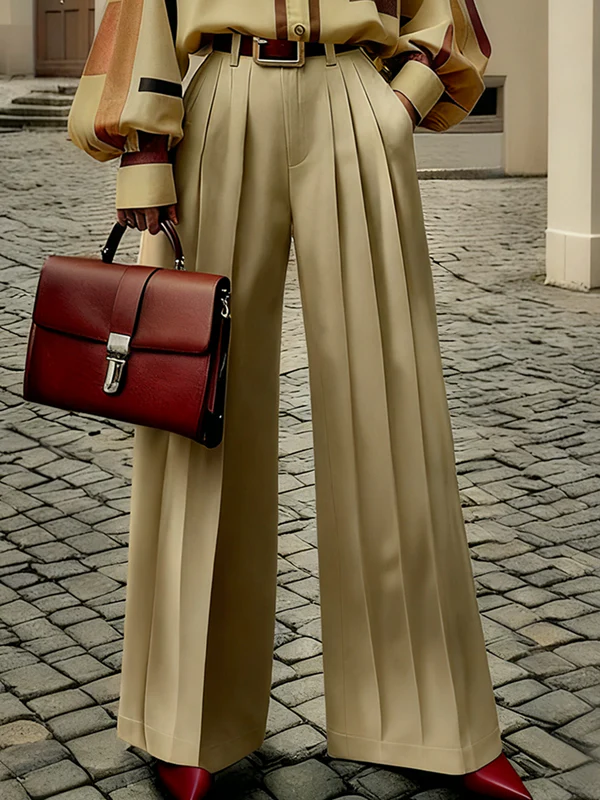 High Waisted Wide Leg No Belt Pleated Pockets Solid Color Pants Trousers - Image 3