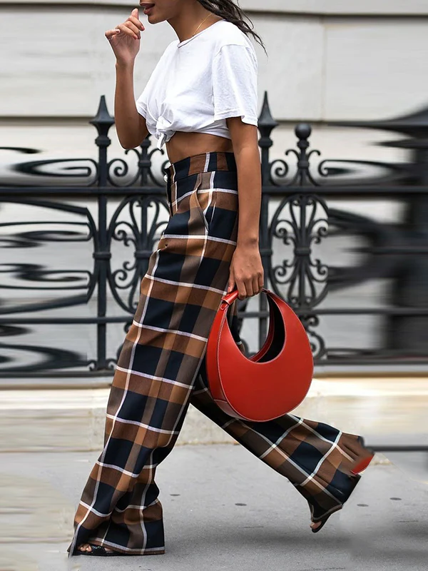 High Waisted Wide Leg Plaid Split-Joint Pants Trousers - Image 2