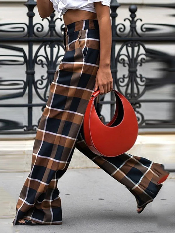 High Waisted Wide Leg Plaid Split-Joint Pants Trousers - Image 3