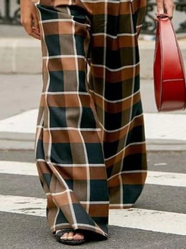 High Waisted Wide Leg Plaid Split-Joint Pants Trousers - Image 5