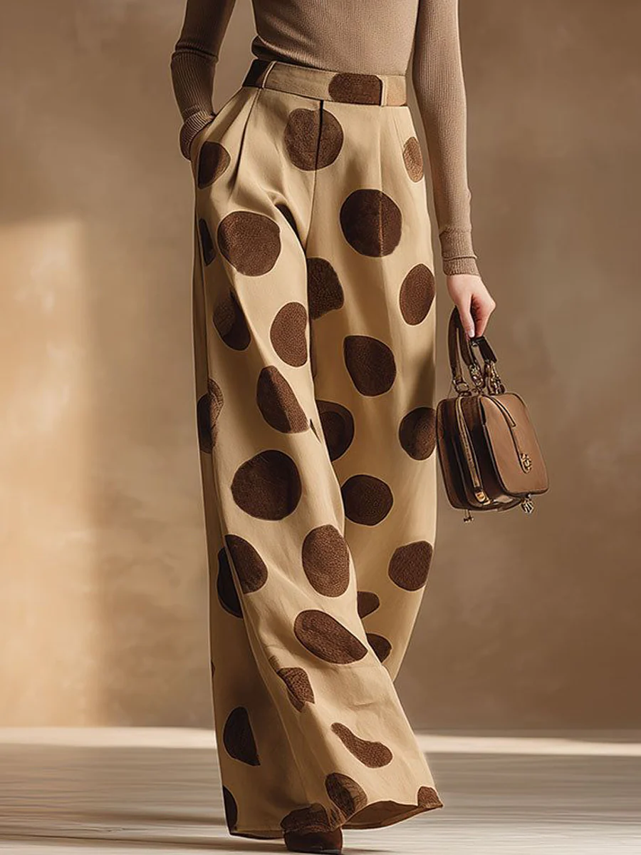High Waisted Wide Leg Pleated Pockets Polka-Dot Pants Trousers