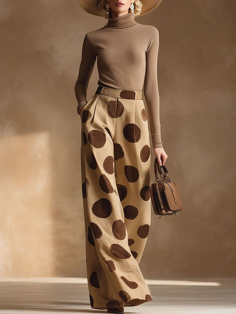 High Waisted Wide Leg Pleated Pockets Polka-Dot Pants Trousers - Image 2