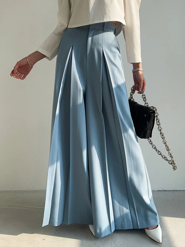 High Waisted Wide Leg Pleated Solid Color Casual Pants Bottoms Trousers - Image 2