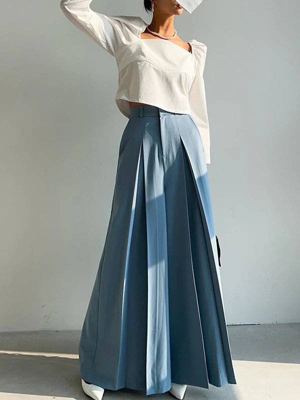 High Waisted Wide Leg Pleated Solid Color Casual Pants Bottoms Trousers - Image 3