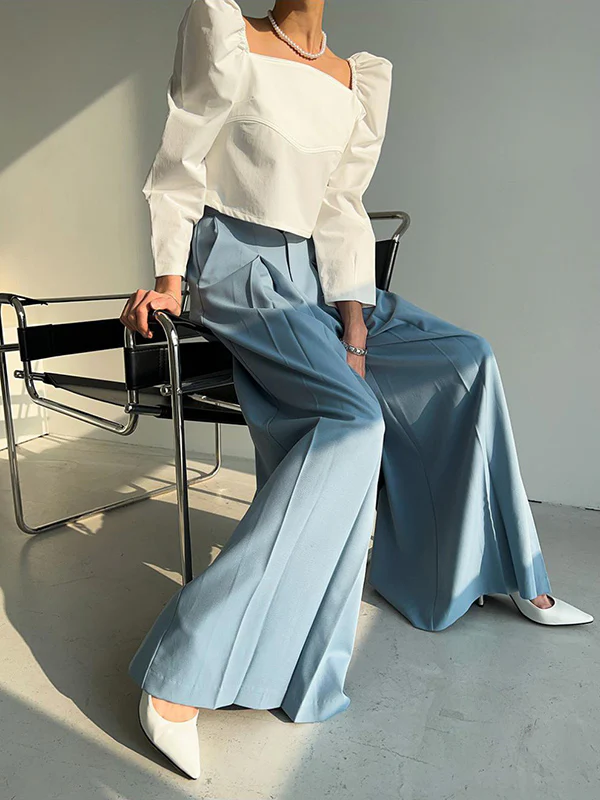 High Waisted Wide Leg Pleated Solid Color Casual Pants Bottoms Trousers - Image 5