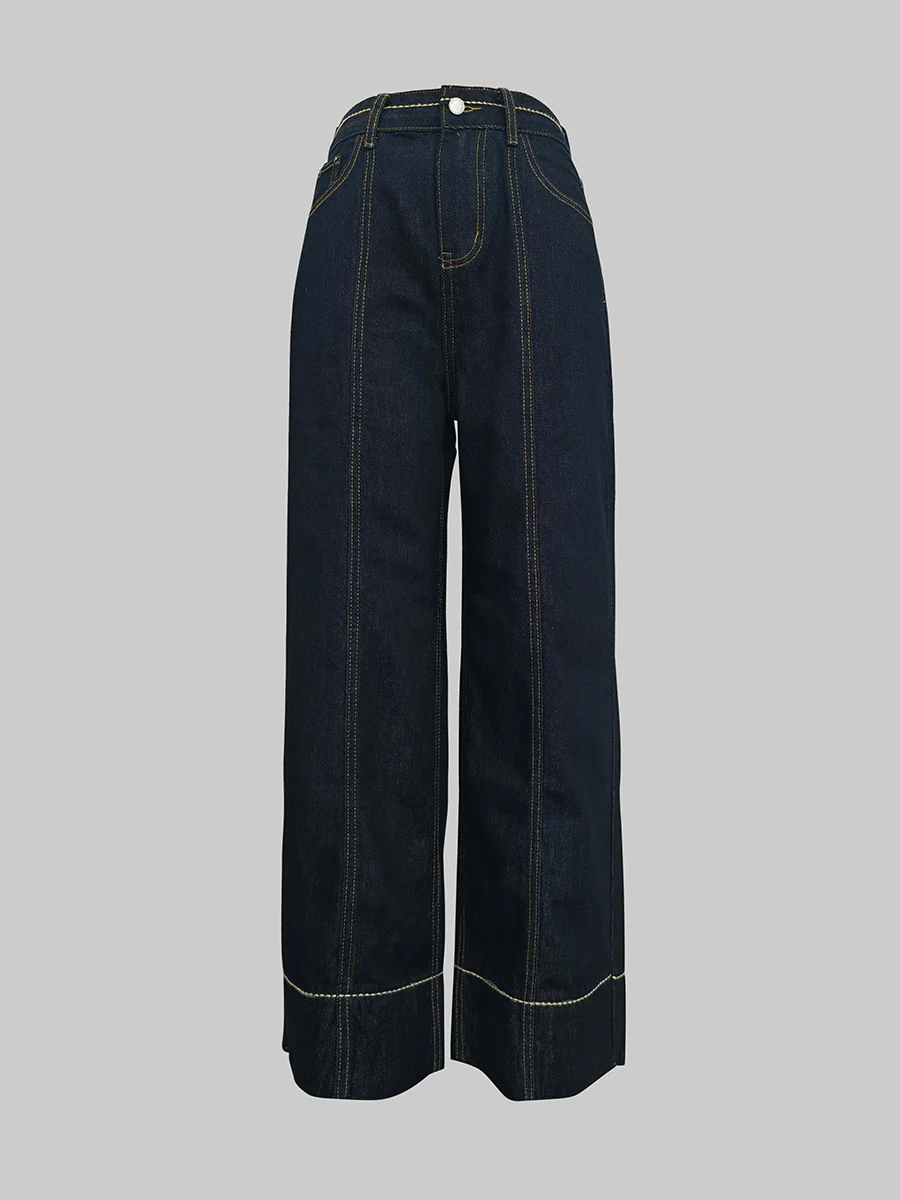 High Waisted Wide Leg Pockets Jean Pants Bottoms - Image 3