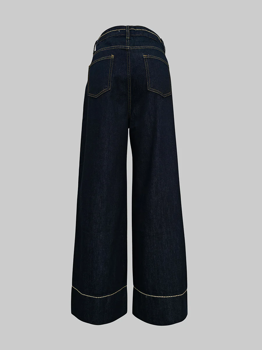 High Waisted Wide Leg Pockets Jean Pants Bottoms - Image 4