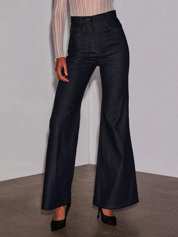 High Waisted Wide Leg Pockets Solid Color Jean Pants Bottoms - Image 2