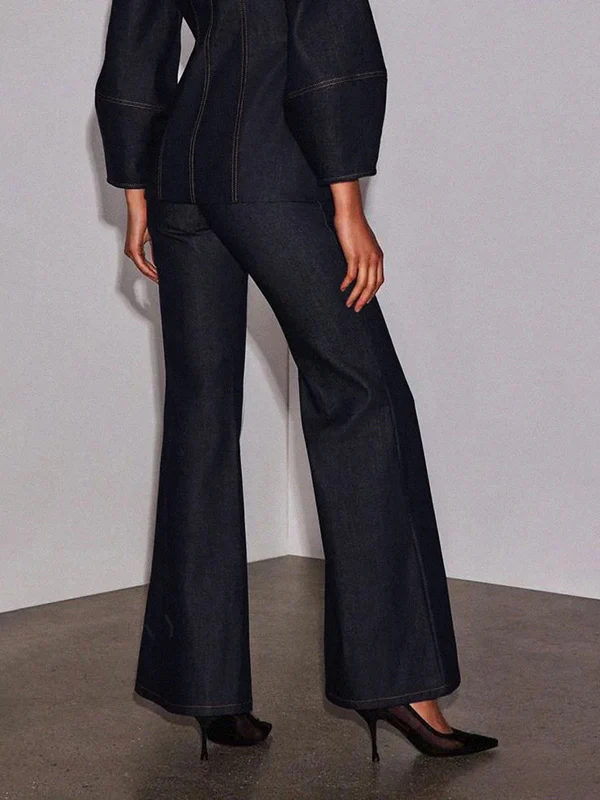High Waisted Wide Leg Pockets Solid Color Jean Pants Bottoms - Image 3