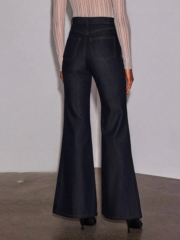 High Waisted Wide Leg Pockets Solid Color Jean Pants Bottoms - Image 4