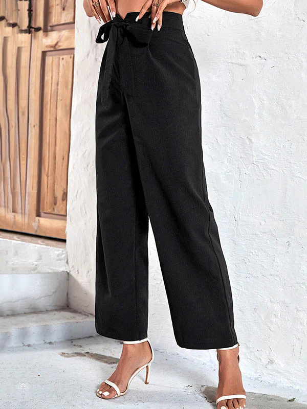 High Waisted Wide Leg Ribbed Solid Color Casual Pants Bottoms - Image 4