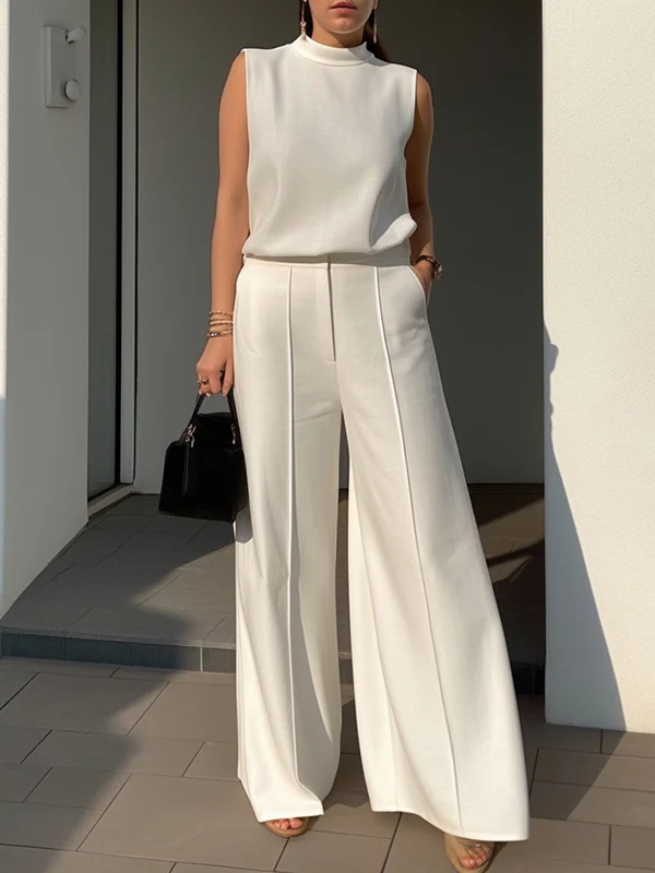 High Waisted Wide Leg Solid Color Pants - Image 2