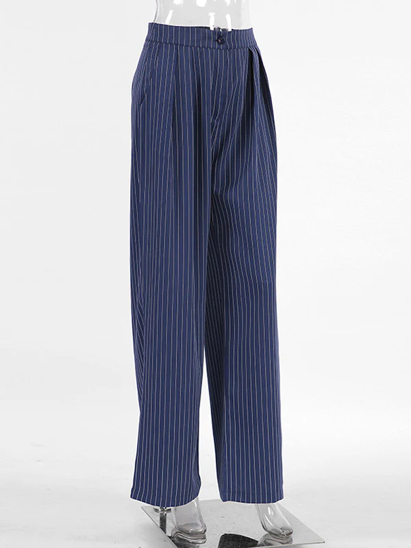 High Waisted Wide Pants Buttoned Striped Pants Trousers - Image 10