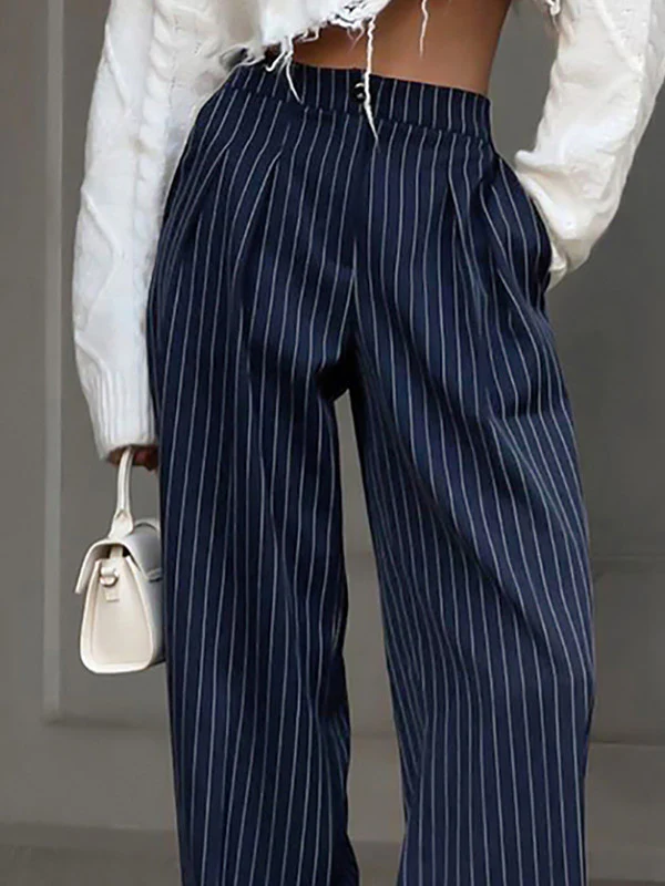 High Waisted Wide Pants Buttoned Striped Pants Trousers - Image 2